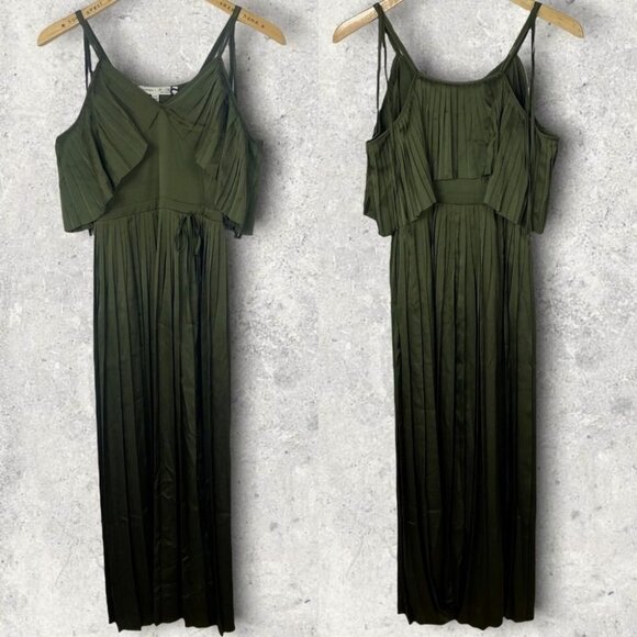 NWT Olivia Palermo Pleated Off Shoulder Satin Maxi Dress Green Size 00 Petite - Picture 3 of 12